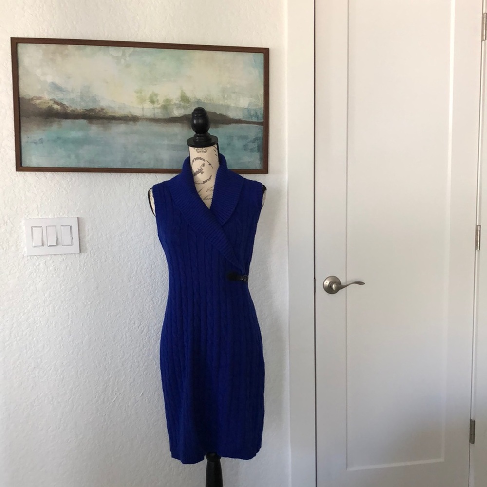 Calvin Klein royal blue sweater dress sleeveless with leather buckle detail